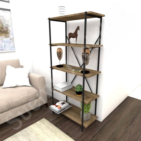 Bravero İstanbul Ceviz Siyah Metal 5 Raflı Kitaplık 72 cm