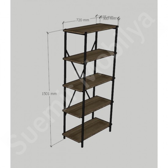 Bravero İstanbul Ceviz Siyah Metal 5 Raflı Kitaplık 72 cm