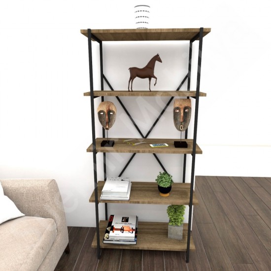 Bravero İstanbul Ceviz Siyah Metal 5 Raflı Kitaplık 72 cm